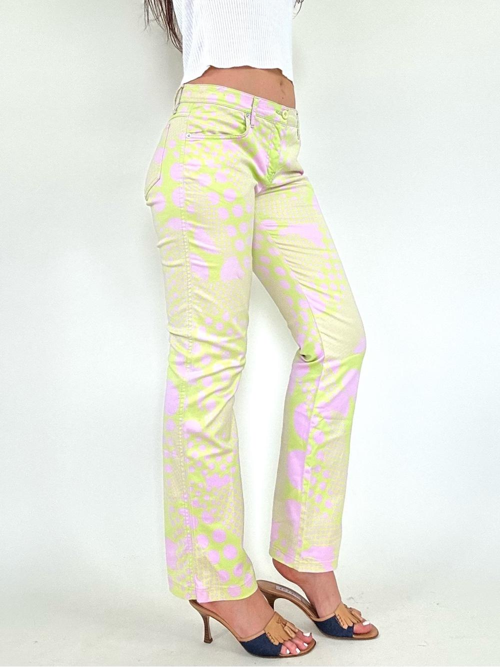 Vintage Y2k Moschino Lime Green & Pink Polka Dot Pants